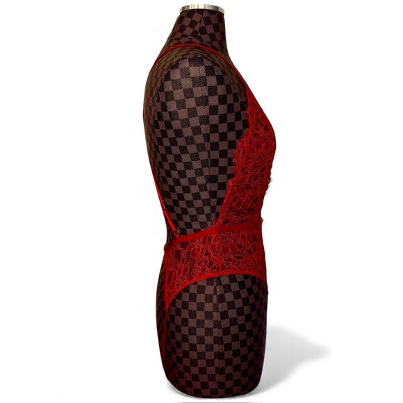 Victoria's Secret Red Lace Teddy Lingerie Size Medium Crotchless Sheer Coquette - Picture 3 of 12